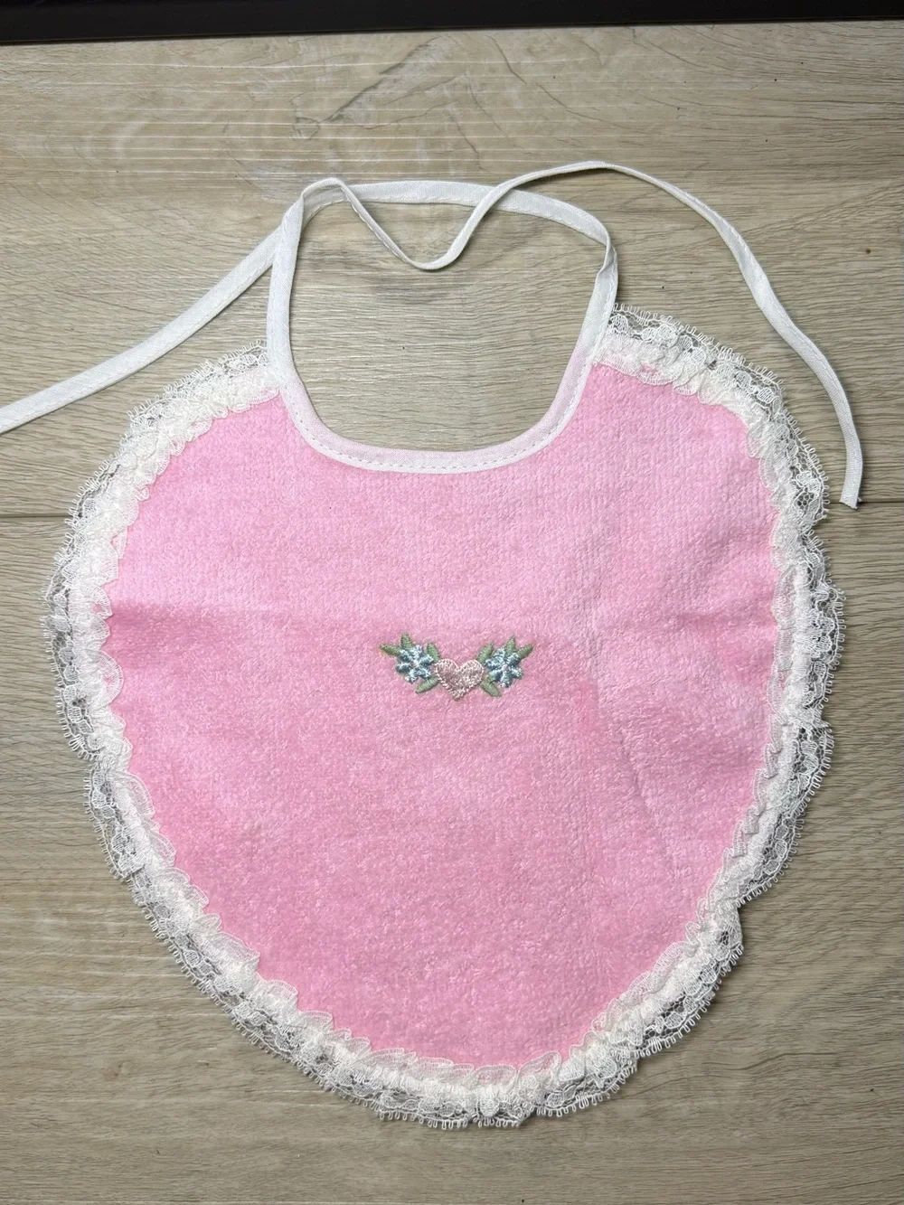 Vintage 1970s Ribbed Pink & Embroidered Rose Floral Baby Bib